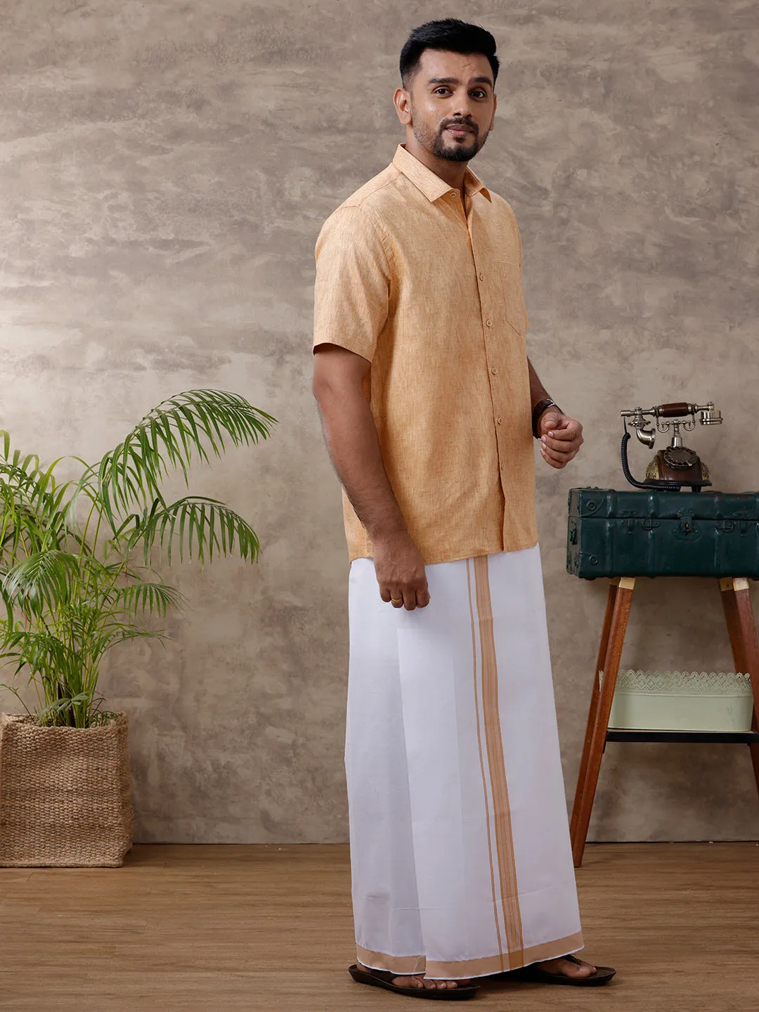 Men Matching Border Dhoti & Shirt Set Half Mustard C1