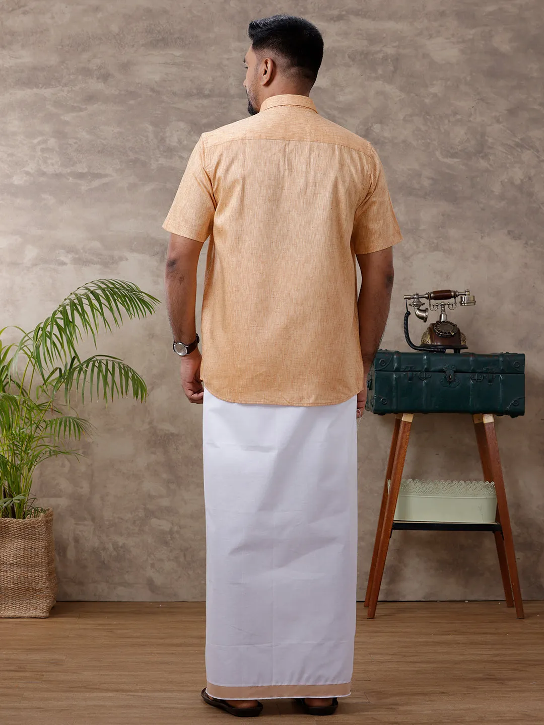 Men Matching Border Dhoti & Shirt Set Half Mustard C1