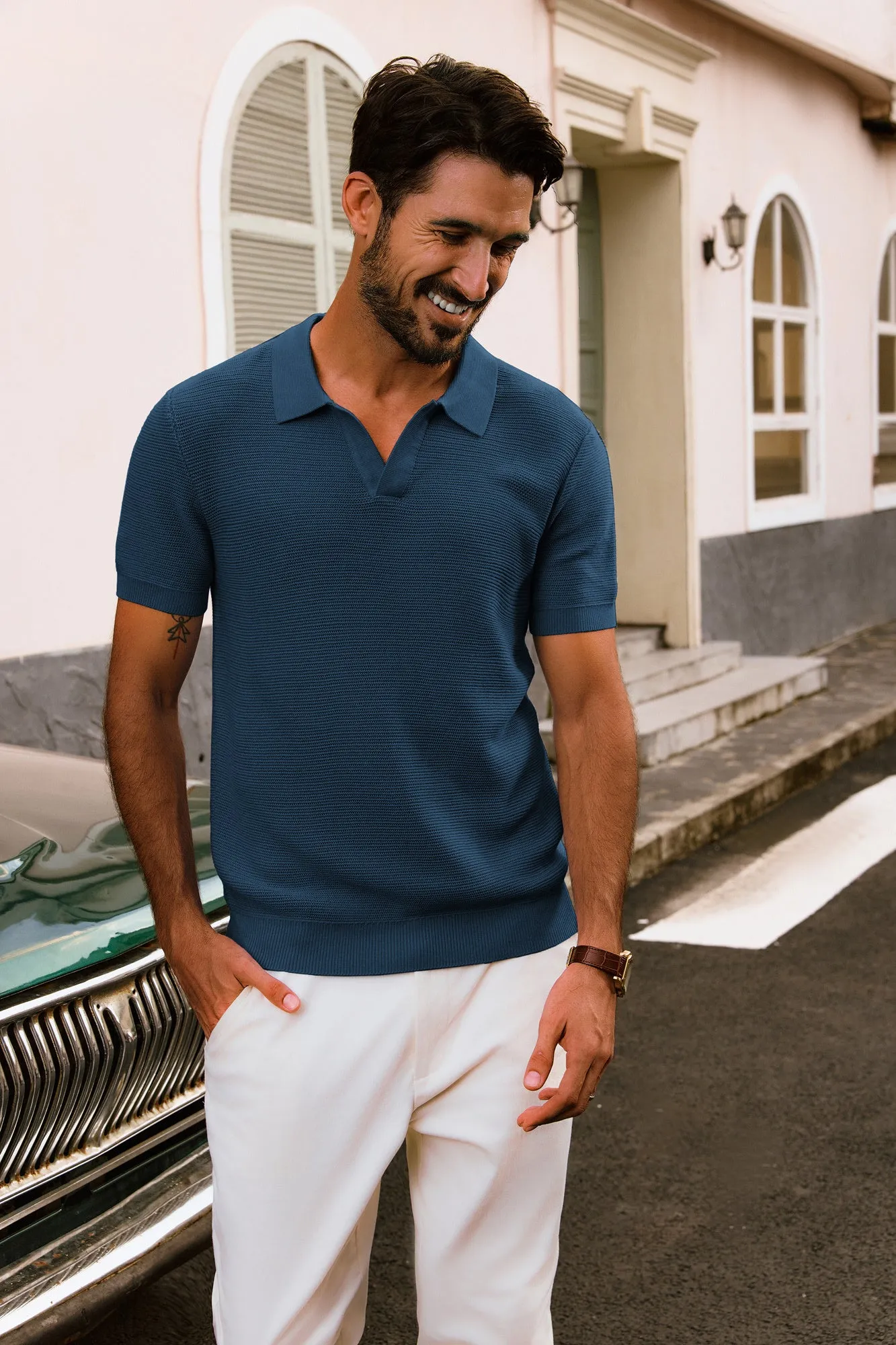 Men Textured Knitted Polo-Shirt Short Sleeve Lapel Collar V-Neck Tops