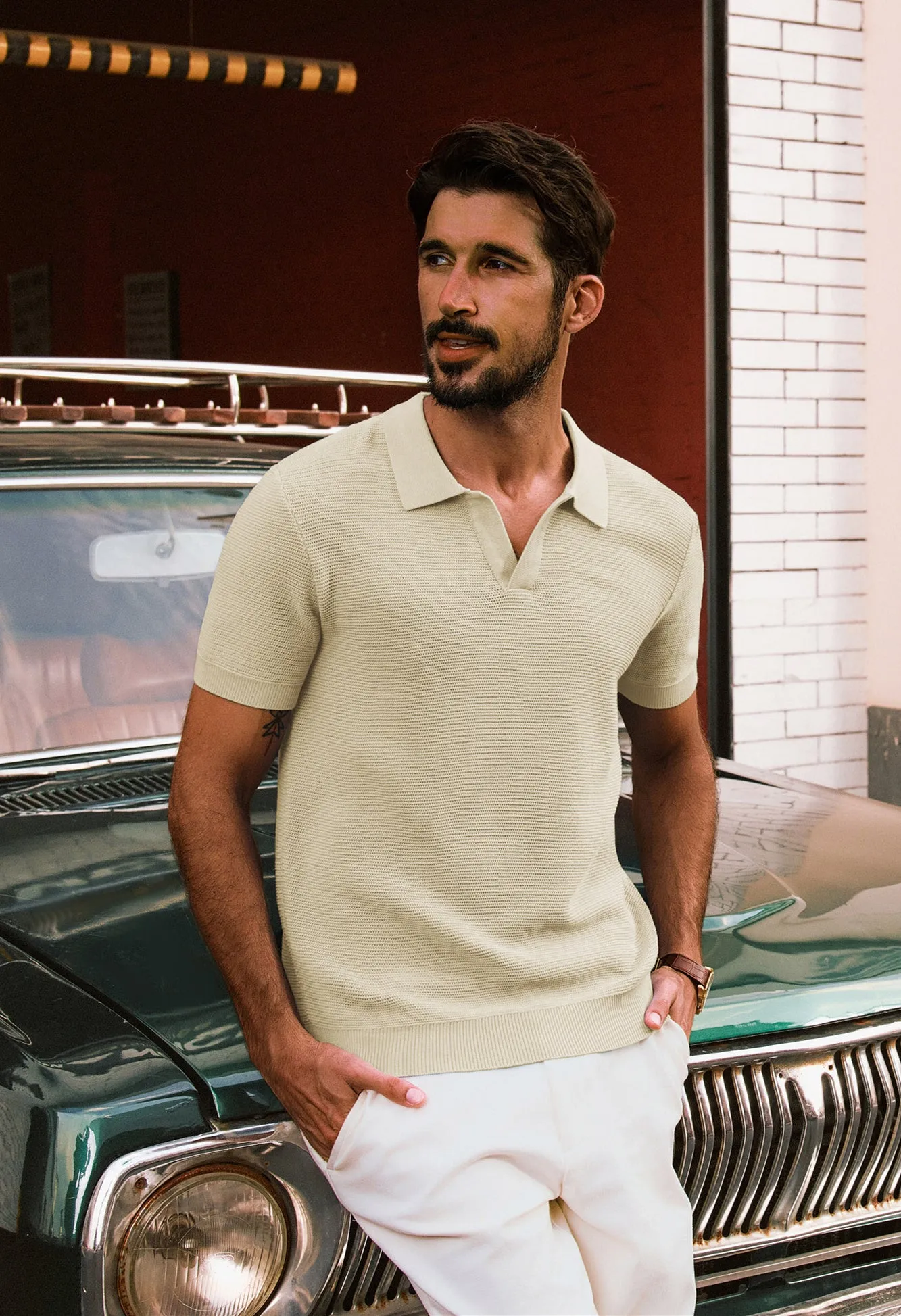 Men Textured Knitted Polo-Shirt Short Sleeve Lapel Collar V-Neck Tops