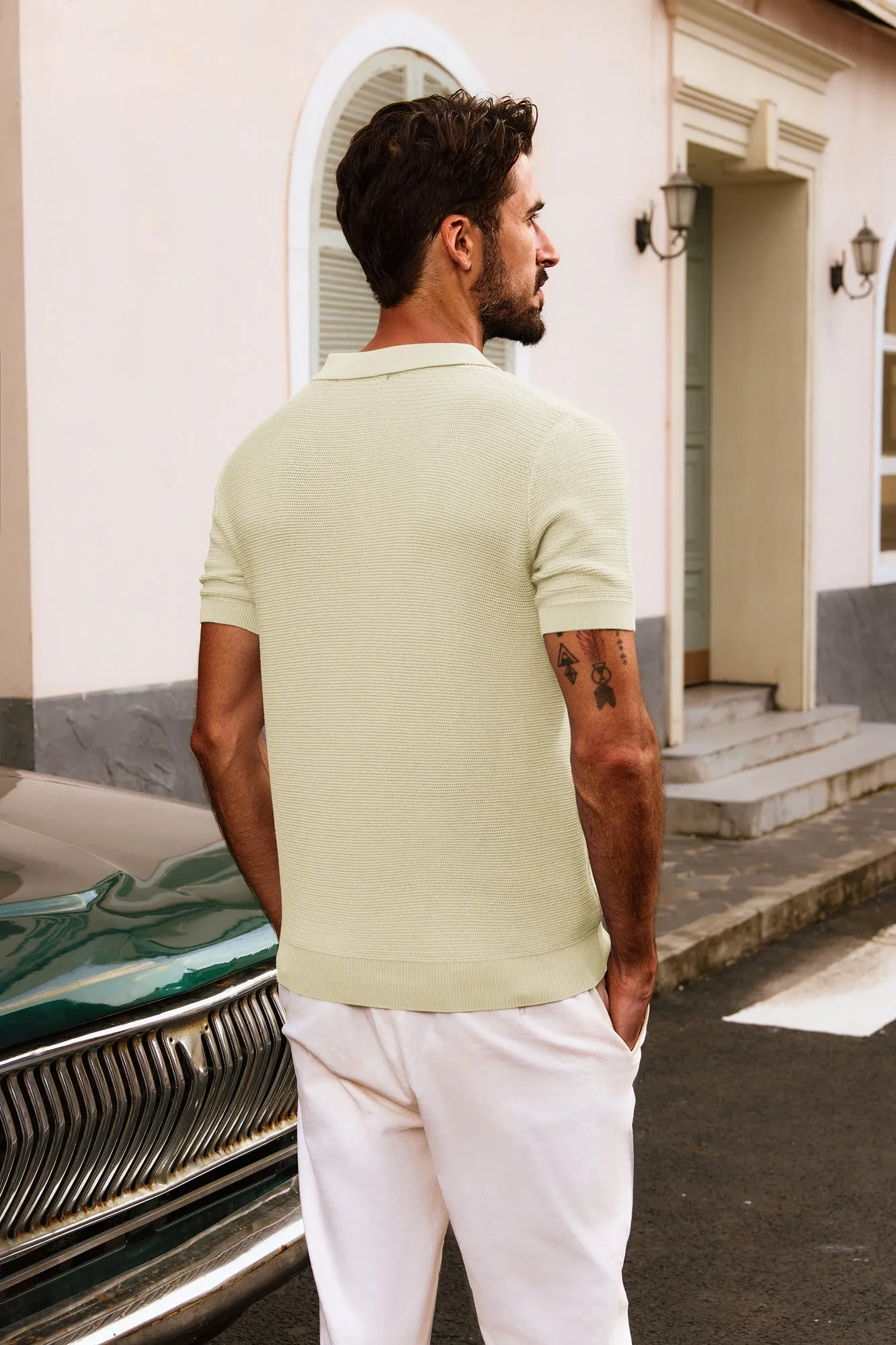 Men Textured Knitted Polo-Shirt Short Sleeve Lapel Collar V-Neck Tops