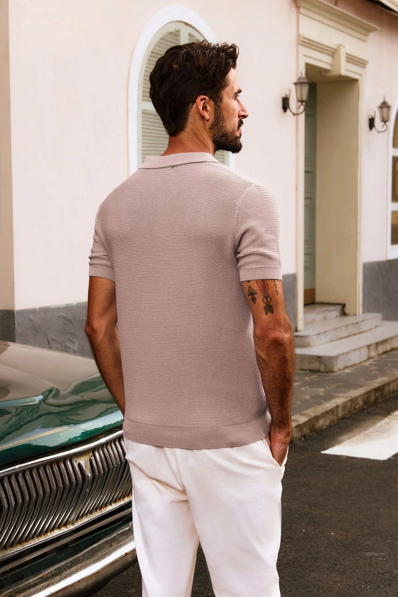 Men Textured Knitted Polo-Shirt Short Sleeve Lapel Collar V-Neck Tops