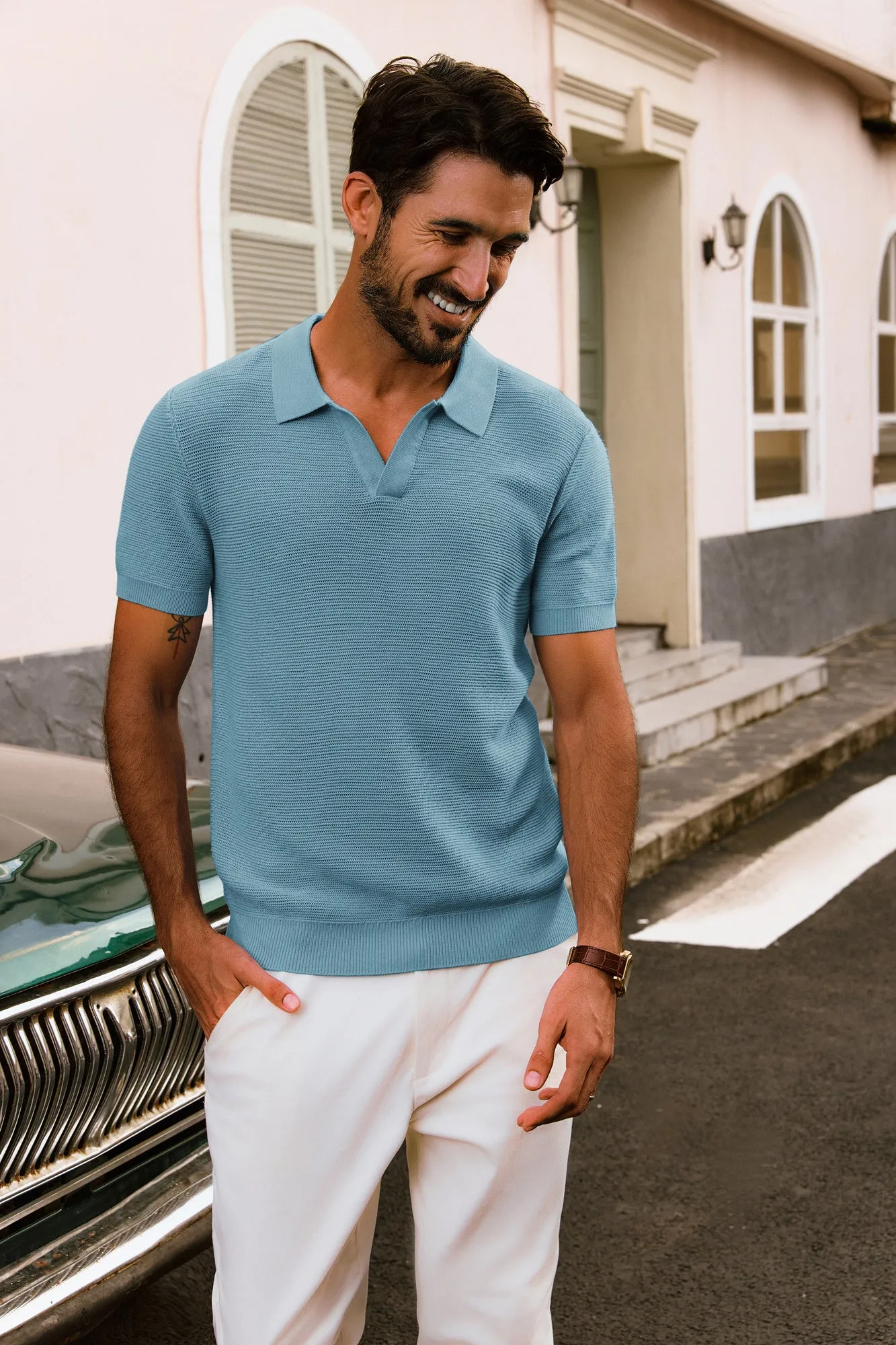 Men Textured Knitted Polo-Shirt Short Sleeve Lapel Collar V-Neck Tops