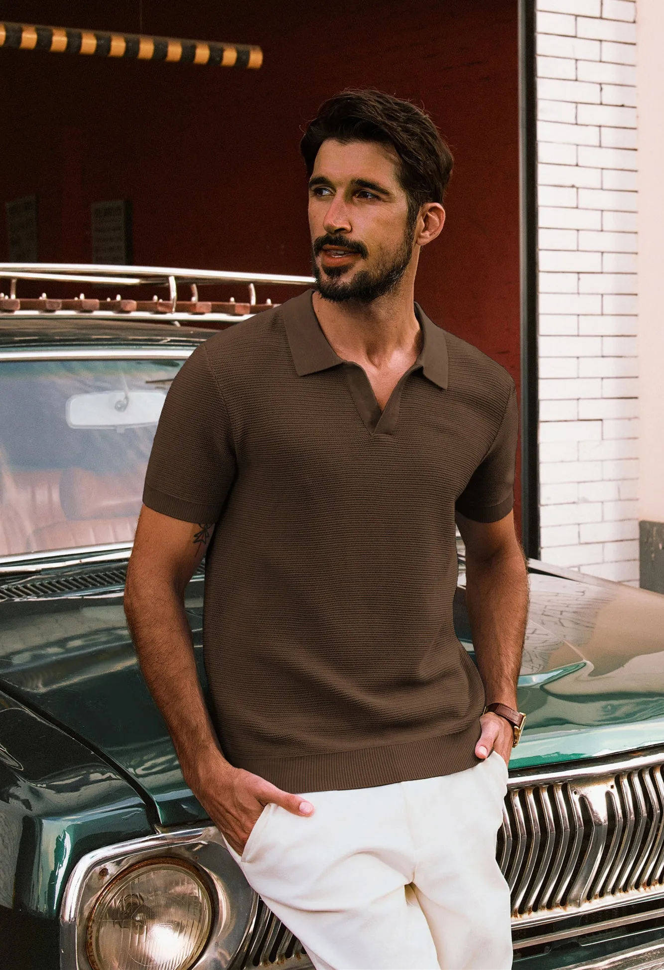 Men Textured Knitted Polo-Shirt Short Sleeve Lapel Collar V-Neck Tops