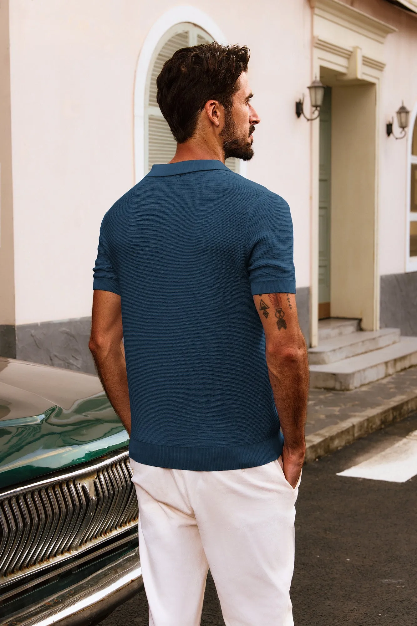 Men Textured Knitted Polo-Shirt Short Sleeve Lapel Collar V-Neck Tops