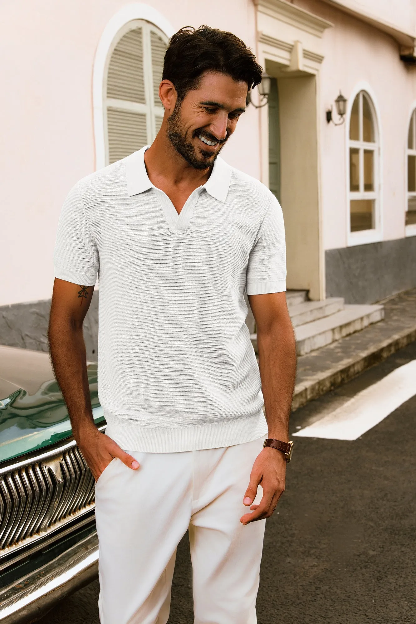 Men Textured Knitted Polo-Shirt Short Sleeve Lapel Collar V-Neck Tops