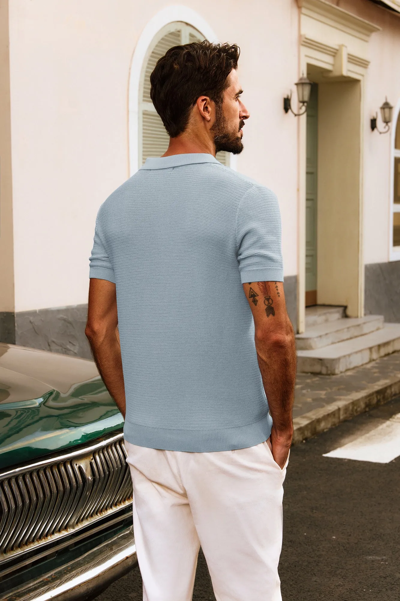 Men Textured Knitted Polo-Shirt Short Sleeve Lapel Collar V-Neck Tops