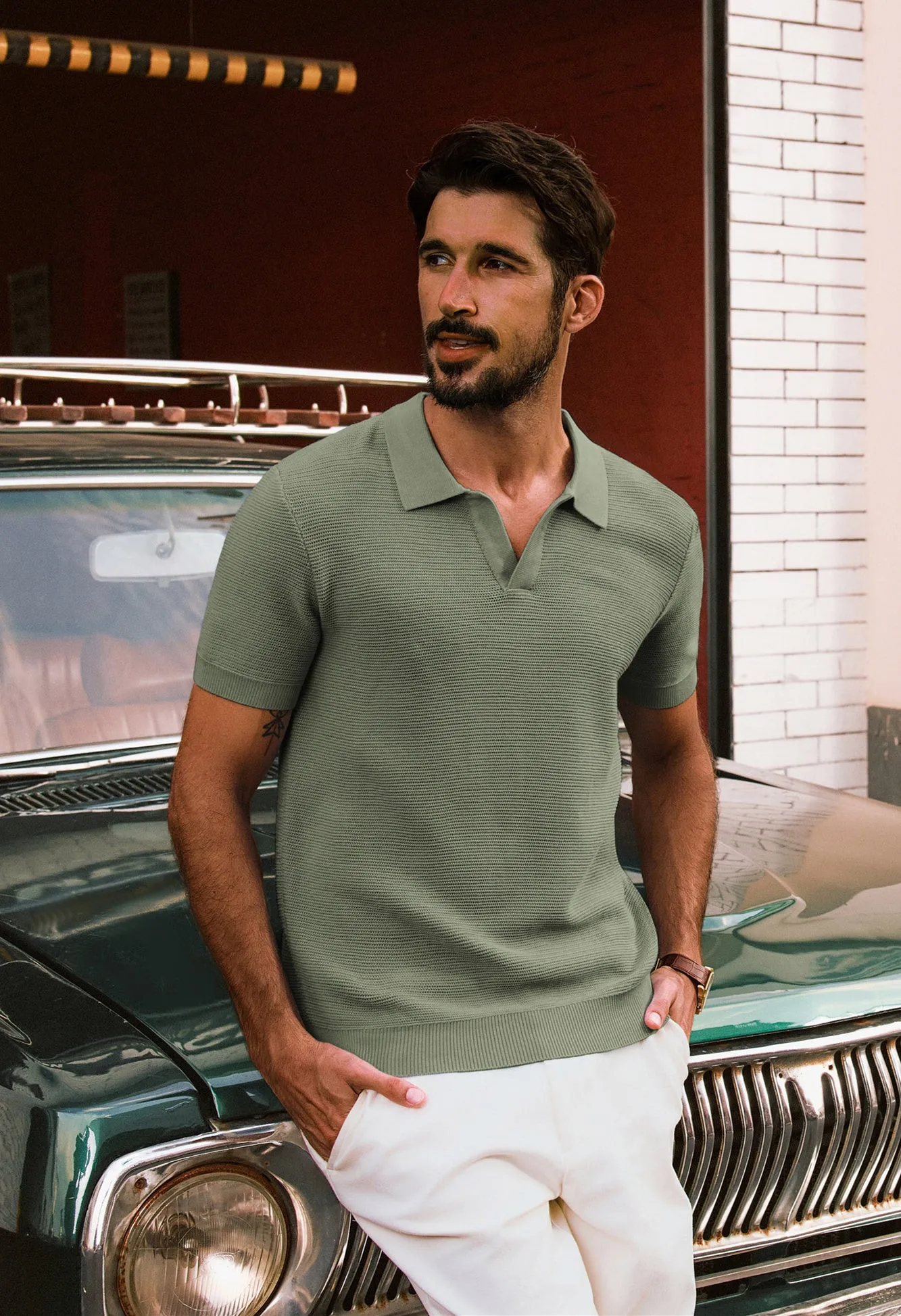 Men Textured Knitted Polo-Shirt Short Sleeve Lapel Collar V-Neck Tops