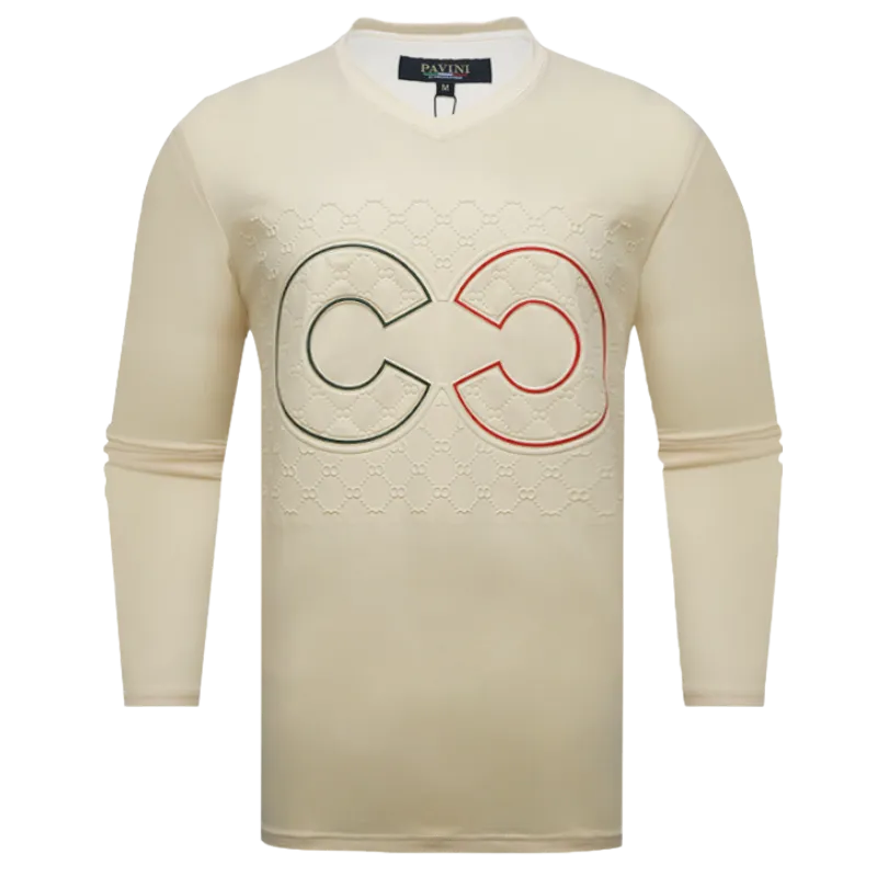 Men's Cream V-Neck Long Sleeves T-shirt Fashion Design