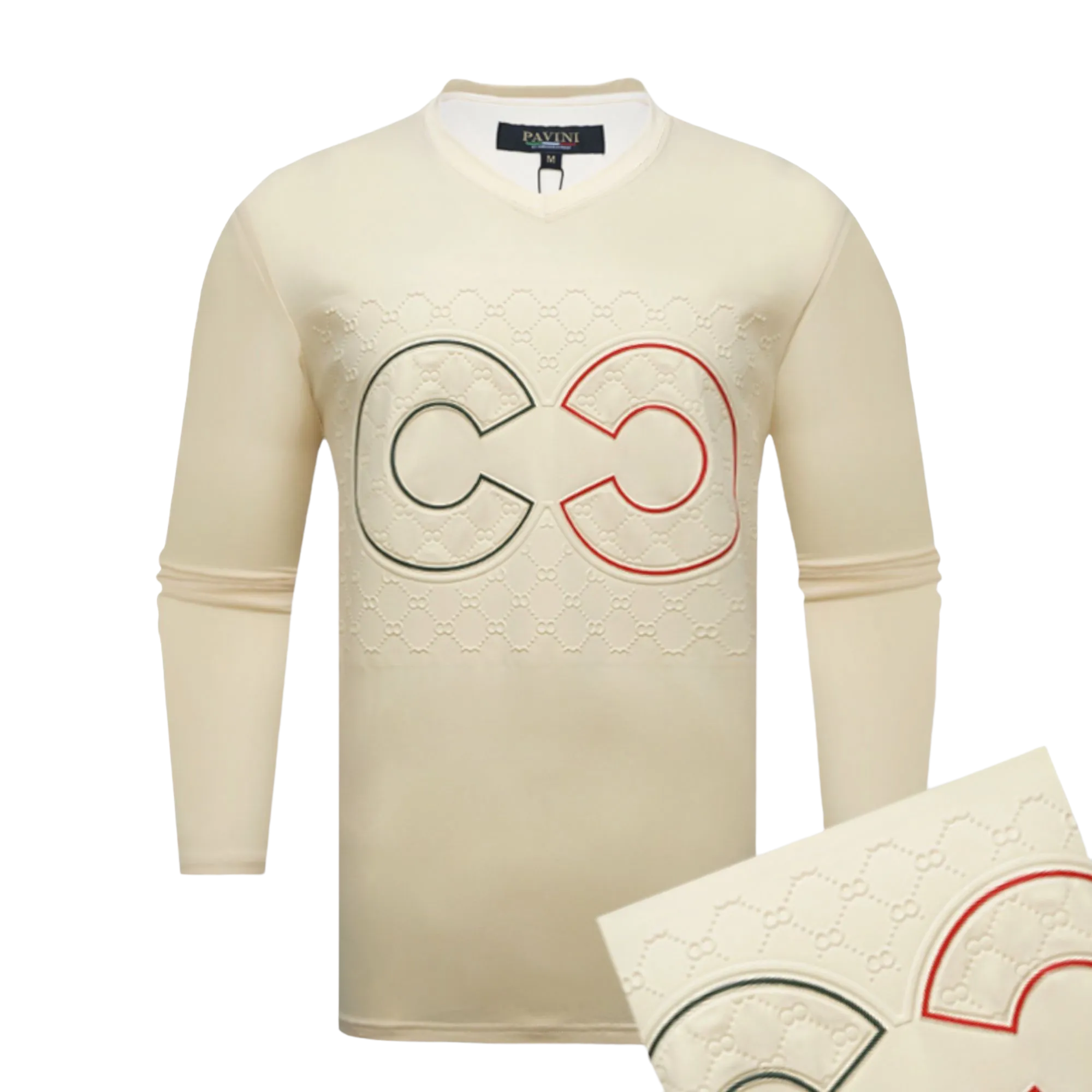 Men's Cream V-Neck Long Sleeves T-shirt Fashion Design