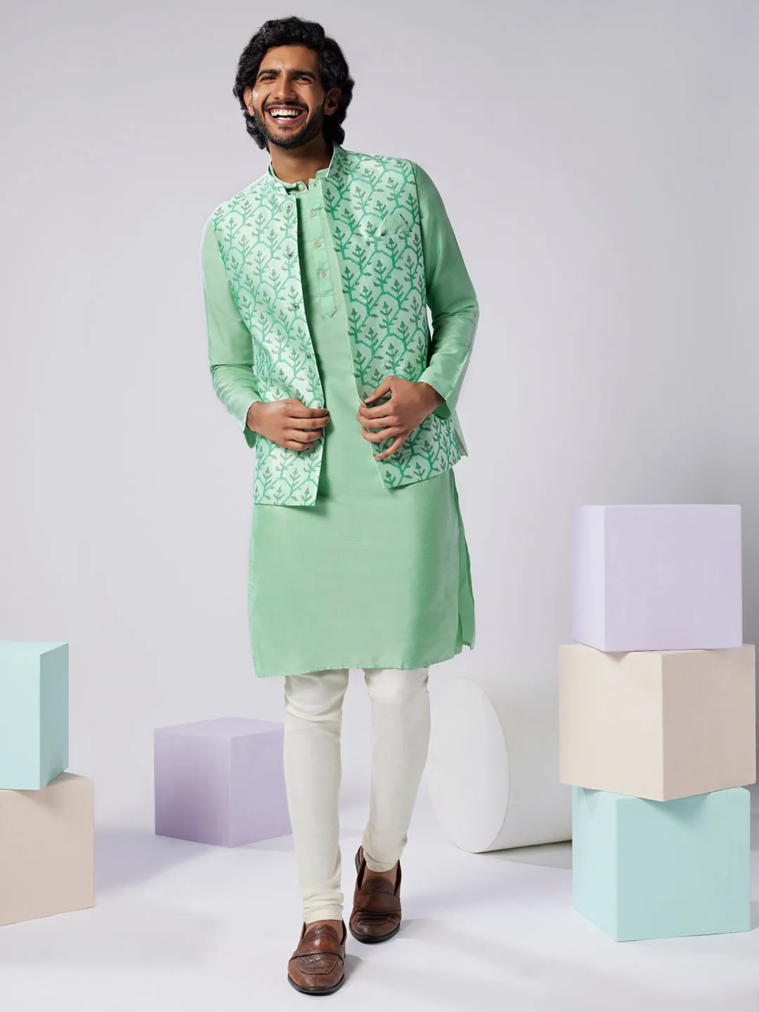 Men's Sea Green Nehru Jacket (Set of 1)