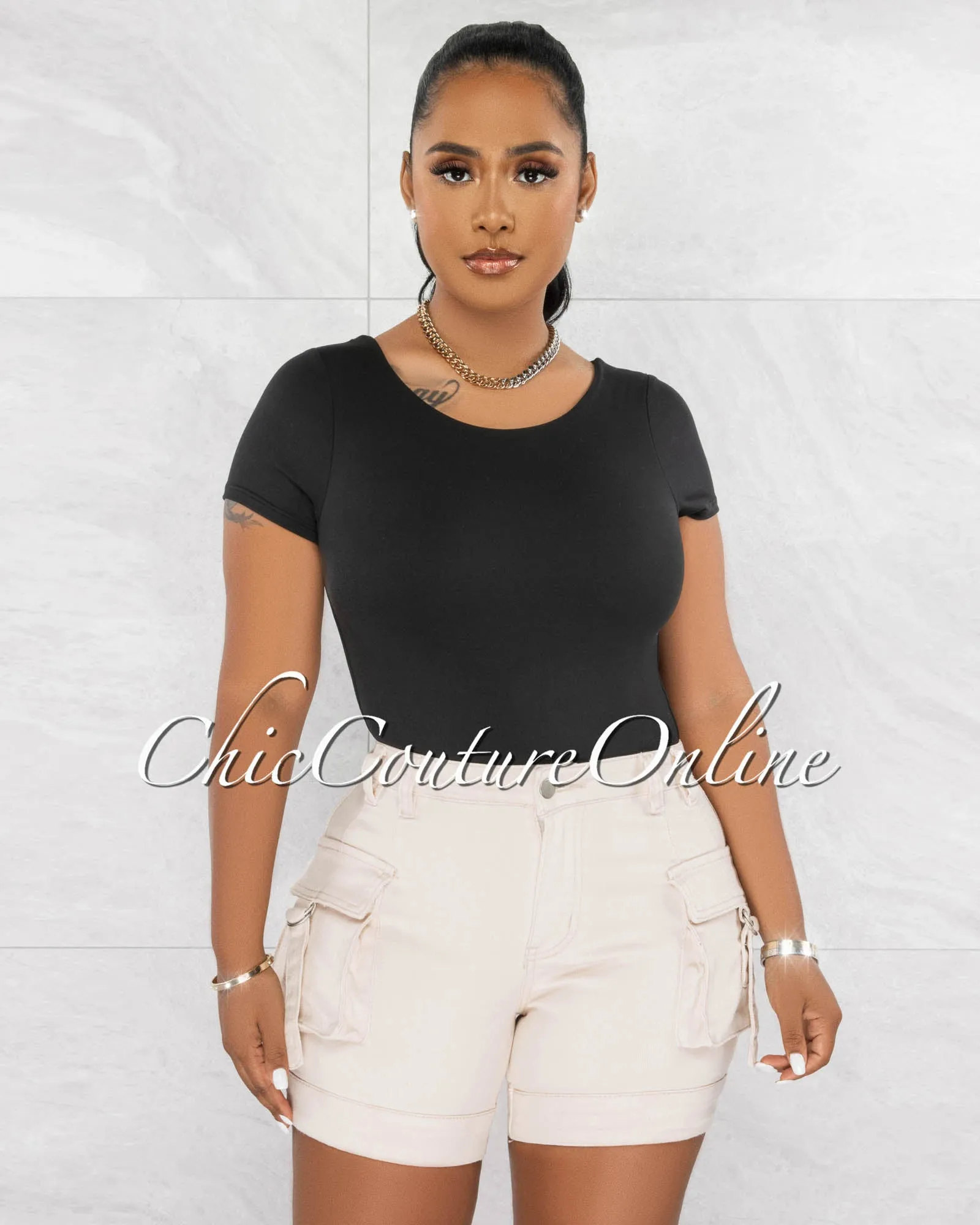 Merla Black Short Sleeves Double Lined Bodysuit