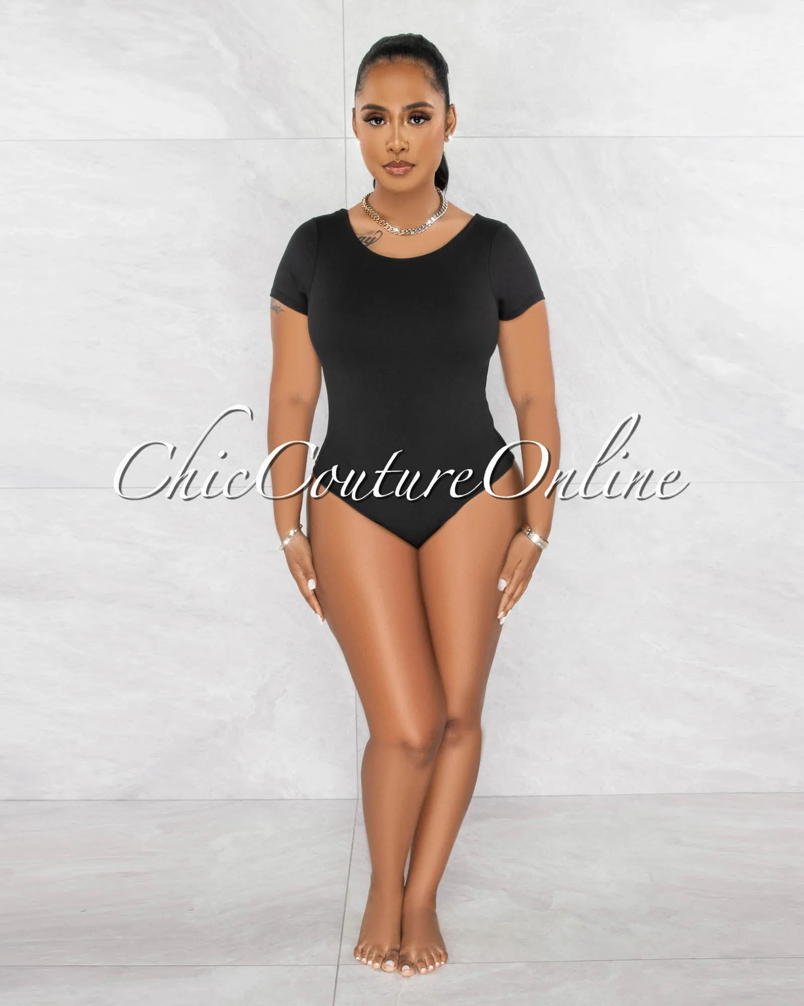 Merla Black Short Sleeves Double Lined Bodysuit