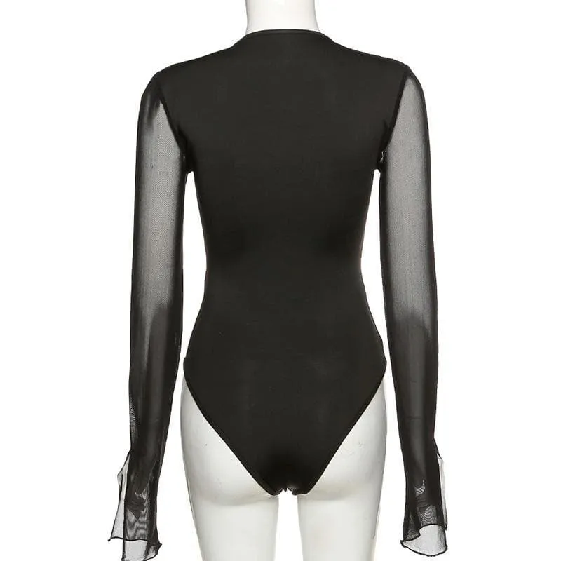 Mesh long sleeve hollow out bodysuit