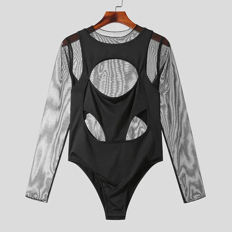 Mesh Patchwork Black Bodysuit