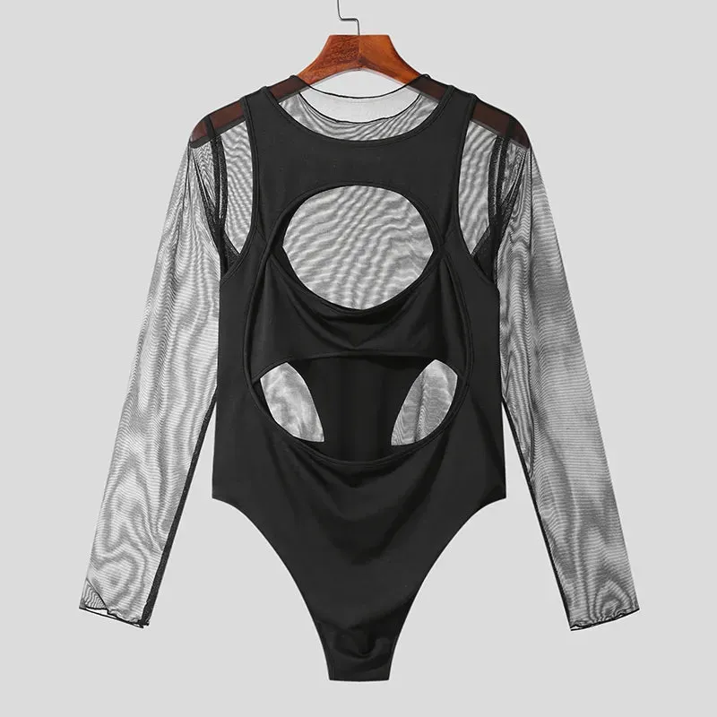 Mesh Patchwork Black Bodysuit