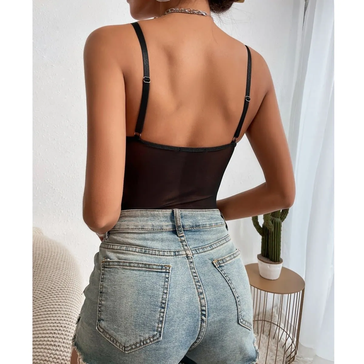 Mesh see through backless solid bodysuit