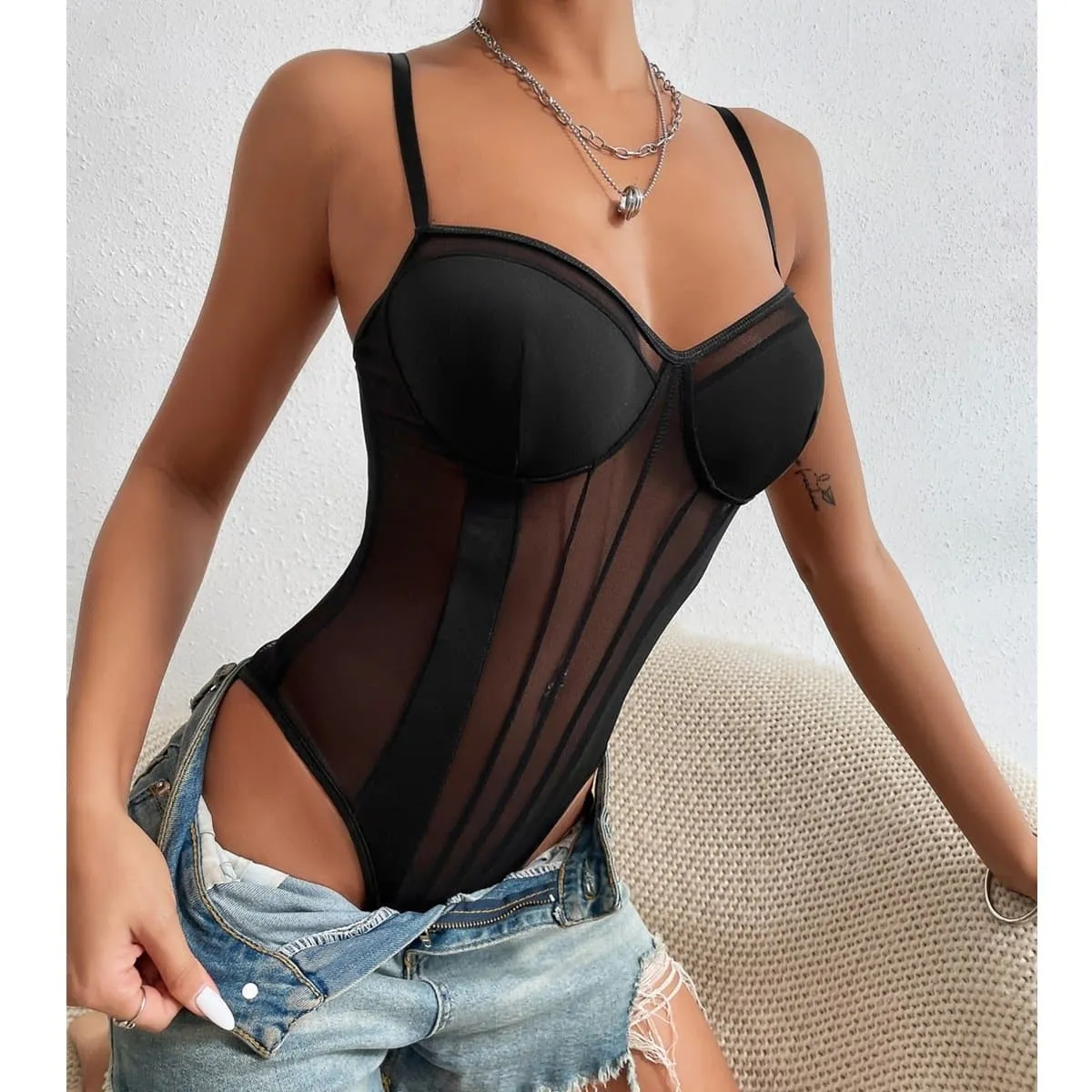 Mesh see through backless solid bodysuit