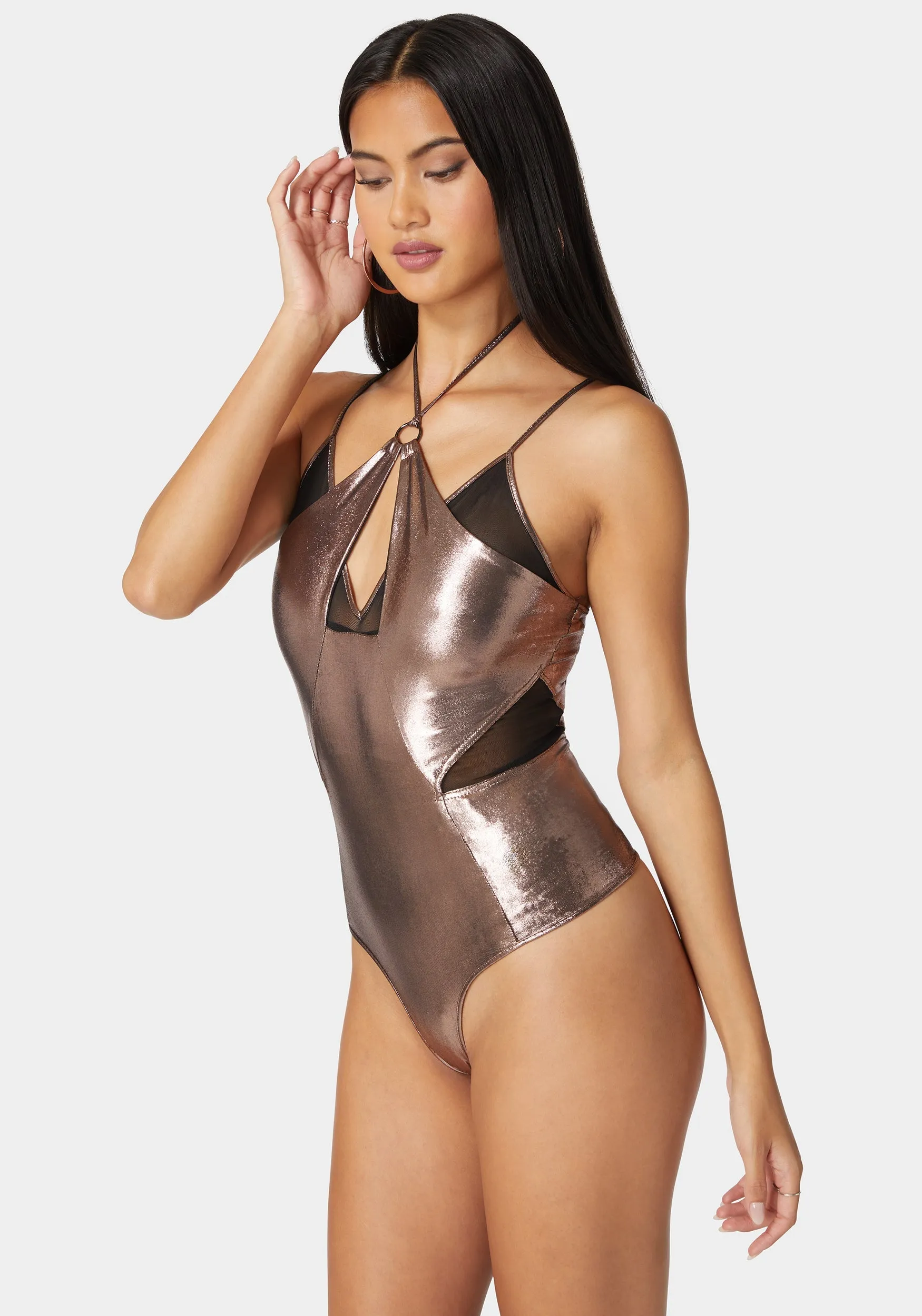 Metallic Foil Halter Neck Mesh Combo Bodysuit