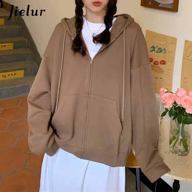 Metaversmall Black Hooded Zip Up Sweatshirts Women Fashion New Korean Style Long Sleeve Camel Hoodie Pocket Drawstring Sweatshirt M-XL