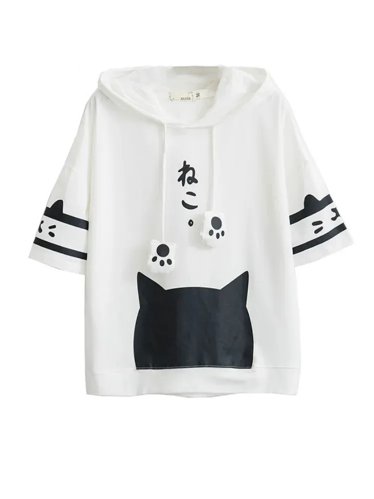 Metaversmall T Shirt Women Harajuku Japan Style Kawaii Cat Tshirt White Hooded Short Sleeve Cotton Girls Tumblr Friends Tshirts