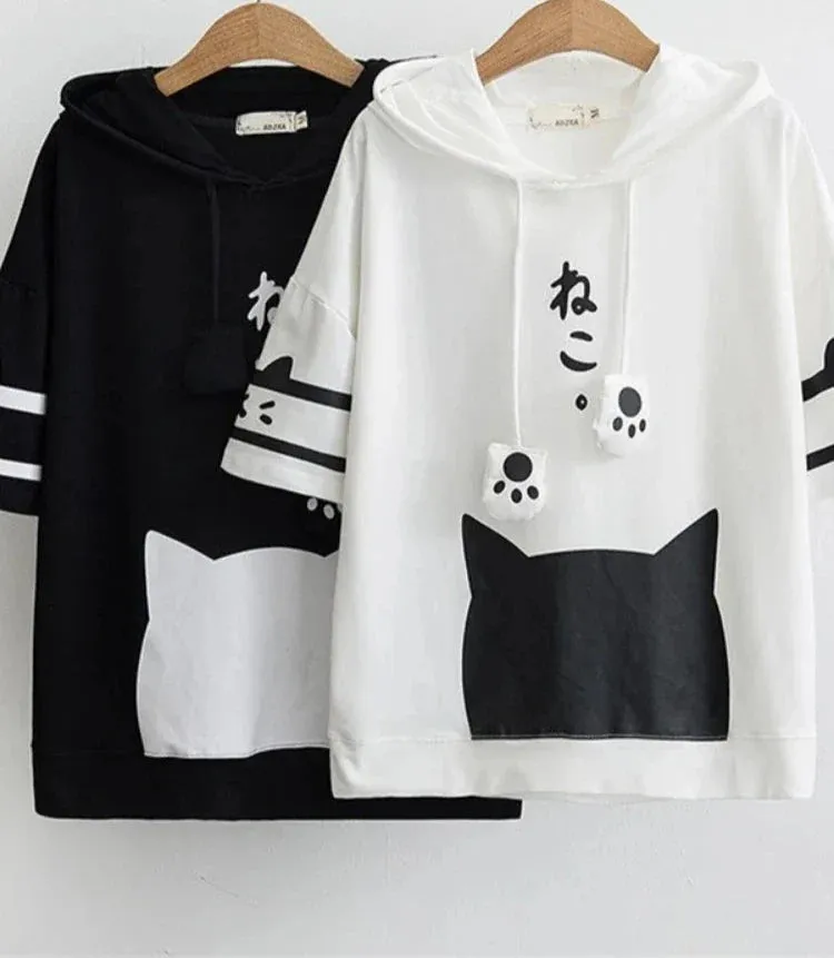 Metaversmall T Shirt Women Harajuku Japan Style Kawaii Cat Tshirt White Hooded Short Sleeve Cotton Girls Tumblr Friends Tshirts