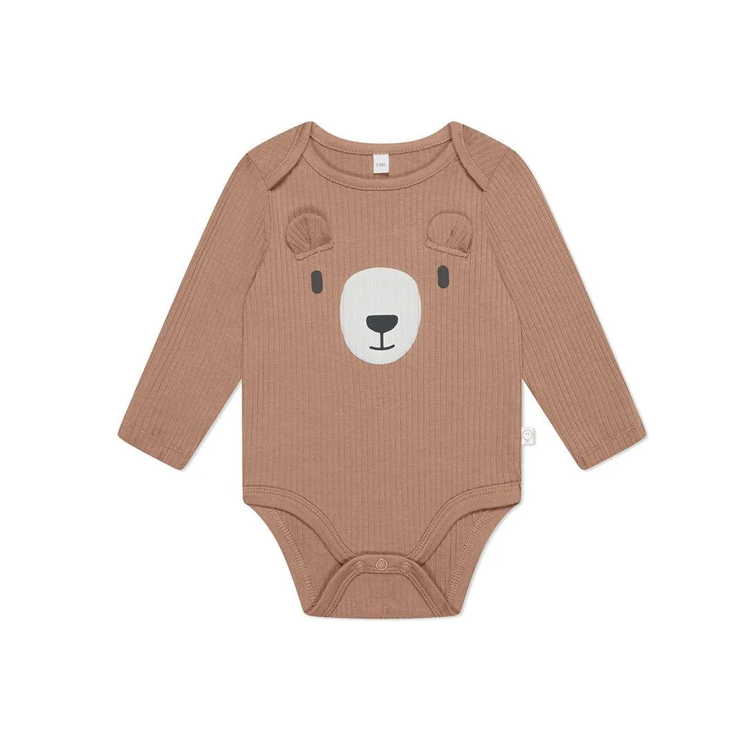 MORI Ribbed Bear Face Long Sleeve Bodysuit - Bear   Brown