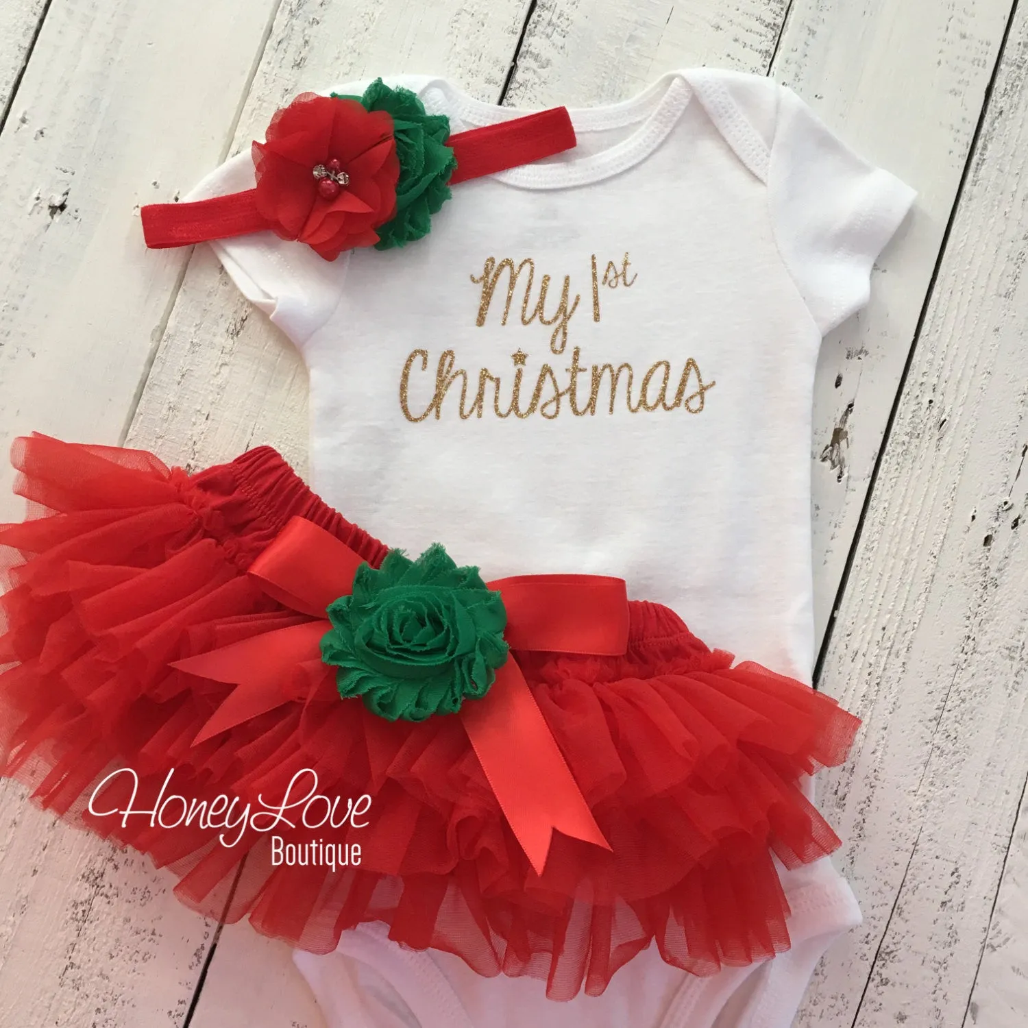 My 1st Christmas Outfit -  Gold/Silver -  Red and Green - Embellished tutu skirt bloomers