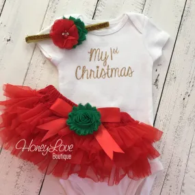 My 1st Christmas Outfit -  Gold/Silver -  Red, Green and Glitter - Embellished tutu skirt bloomers