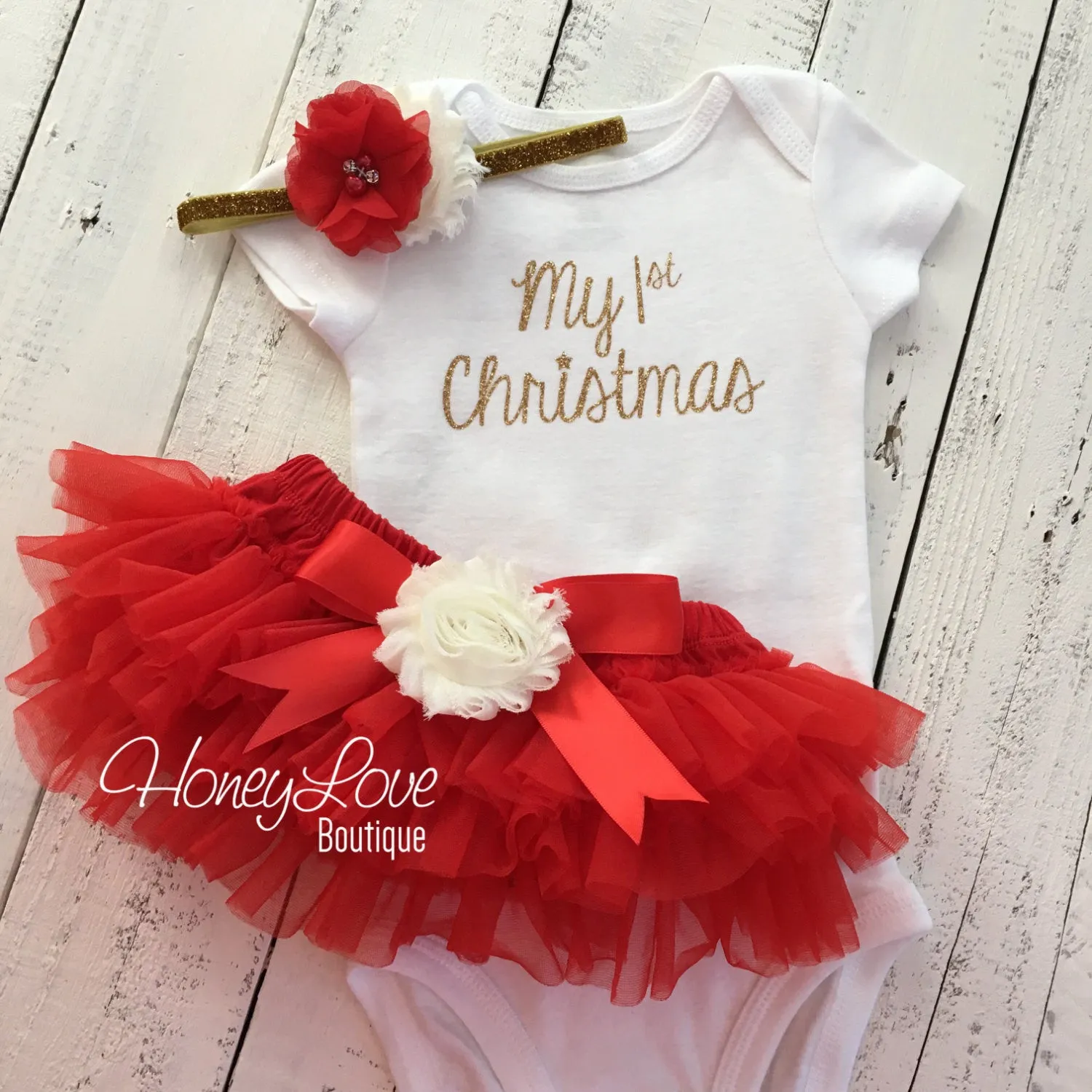 My 1st Christmas Outfit -  Gold/Silver -  Red, Ivory and Glitter - Embellished tutu skirt bloomers