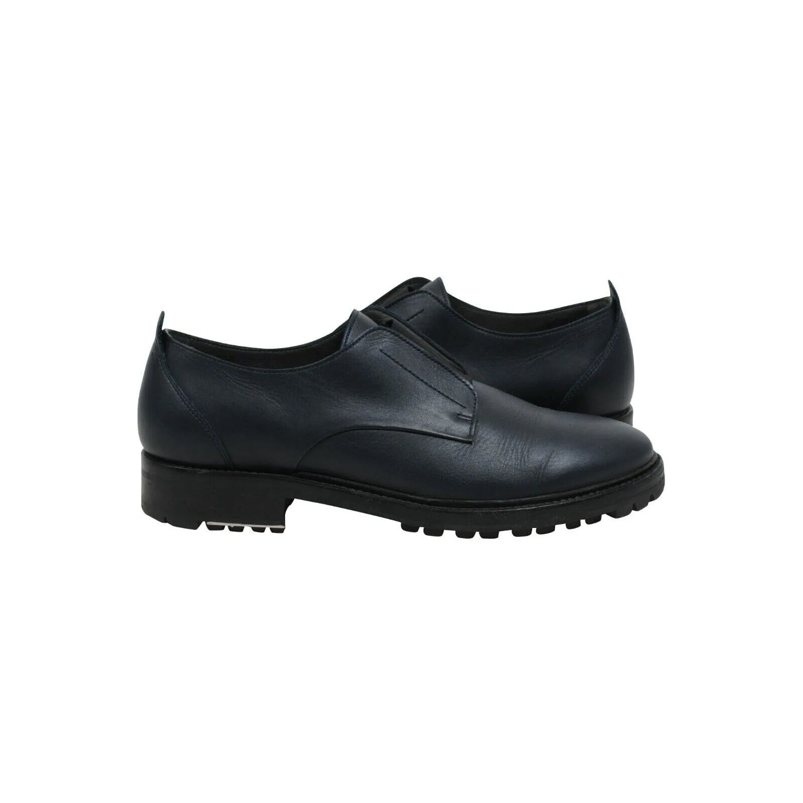 Navy Blue Black Leather Lug Sole Slip On Oxford Derbys