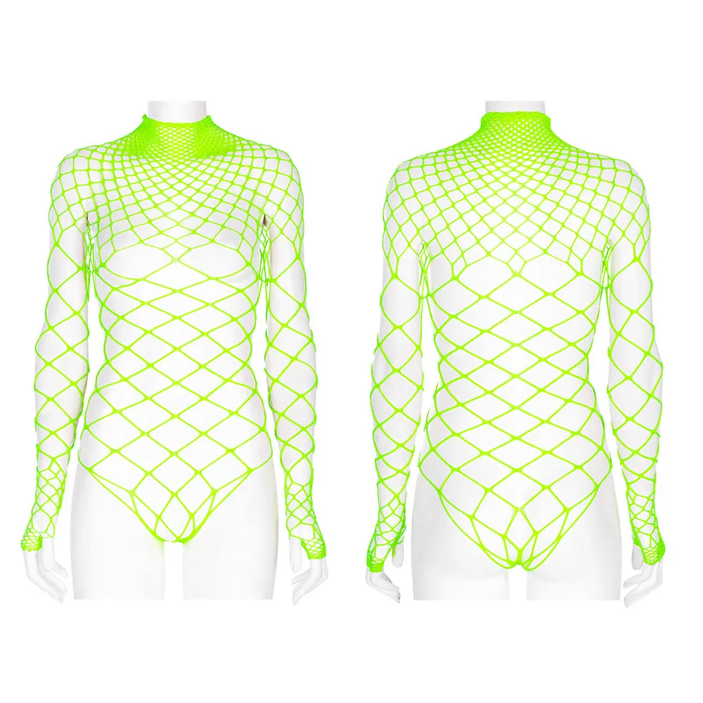 Neon Green Mesh Bodysuit - Edgy Long Sleeve