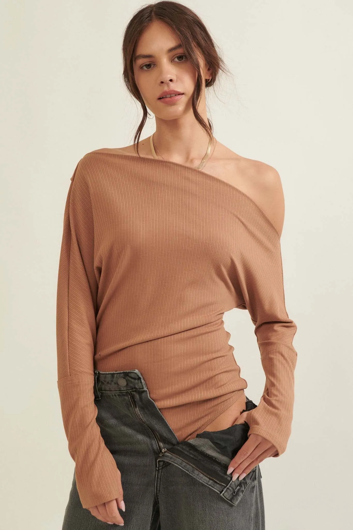 On the Verge One-Shoulder Rib-Knit Bodysuit