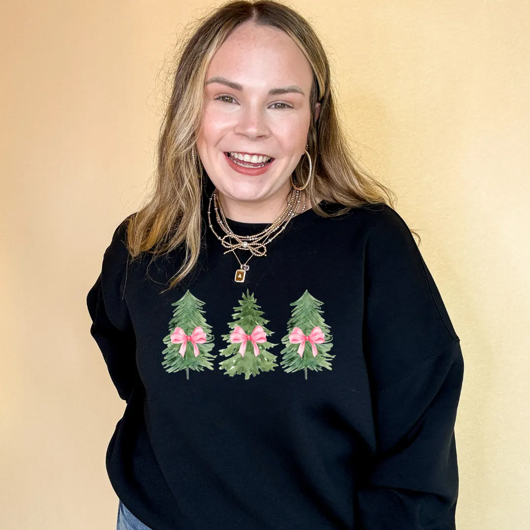 Online Exclusive | Trio Christmas Trees with Pink Bows Graphic Sweatshirt in Multiple Color Options