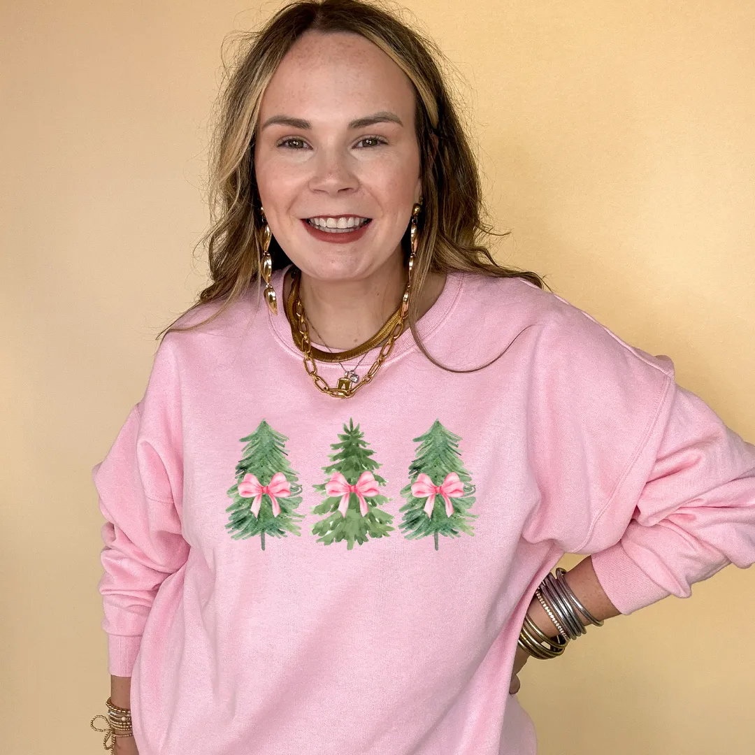 Online Exclusive | Trio Christmas Trees with Pink Bows Graphic Sweatshirt in Multiple Color Options