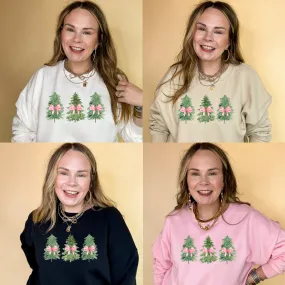 Online Exclusive | Trio Christmas Trees with Pink Bows Graphic Sweatshirt in Multiple Color Options