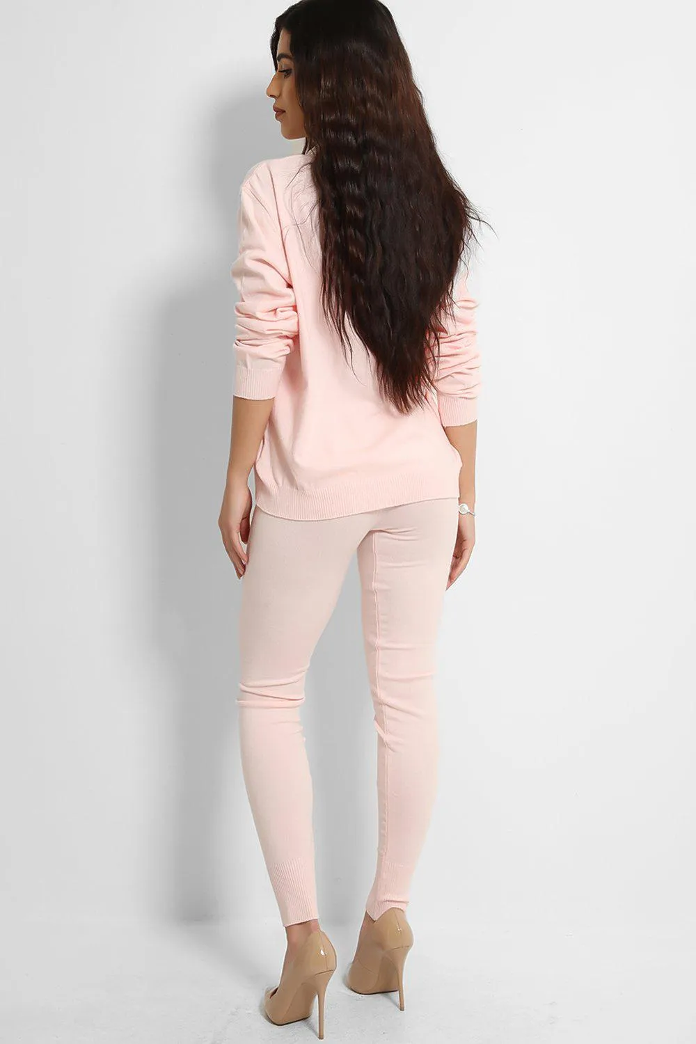 PEARL ACCESSORISED JUMPER & LEGGINGS KNIT PALE PINK LOUNGE SET