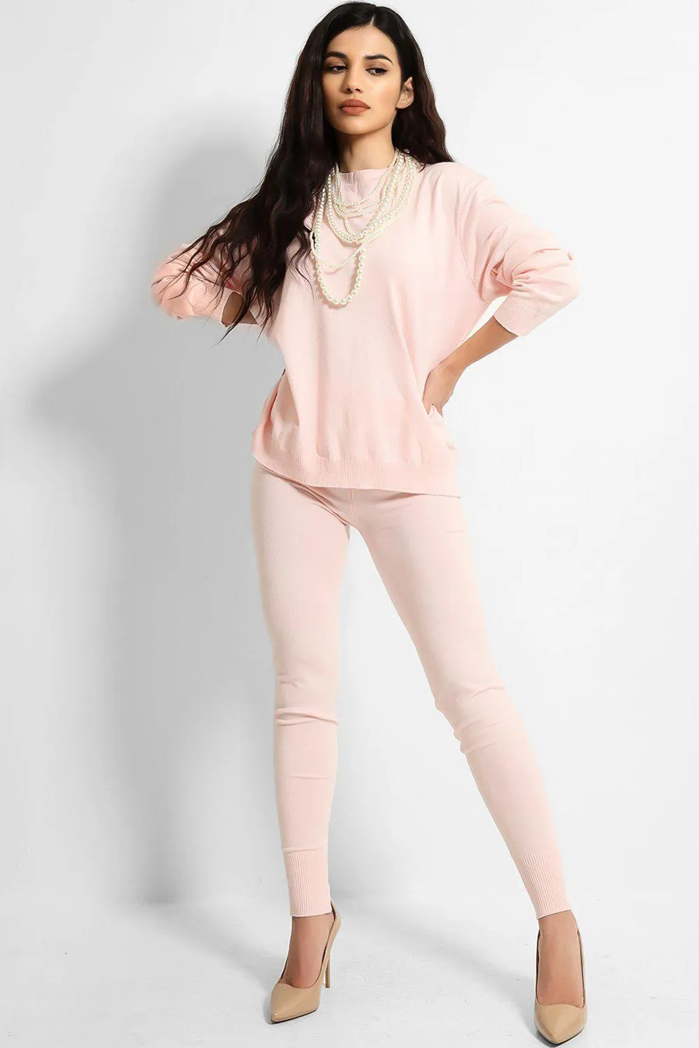 PEARL ACCESSORISED JUMPER & LEGGINGS KNIT PALE PINK LOUNGE SET