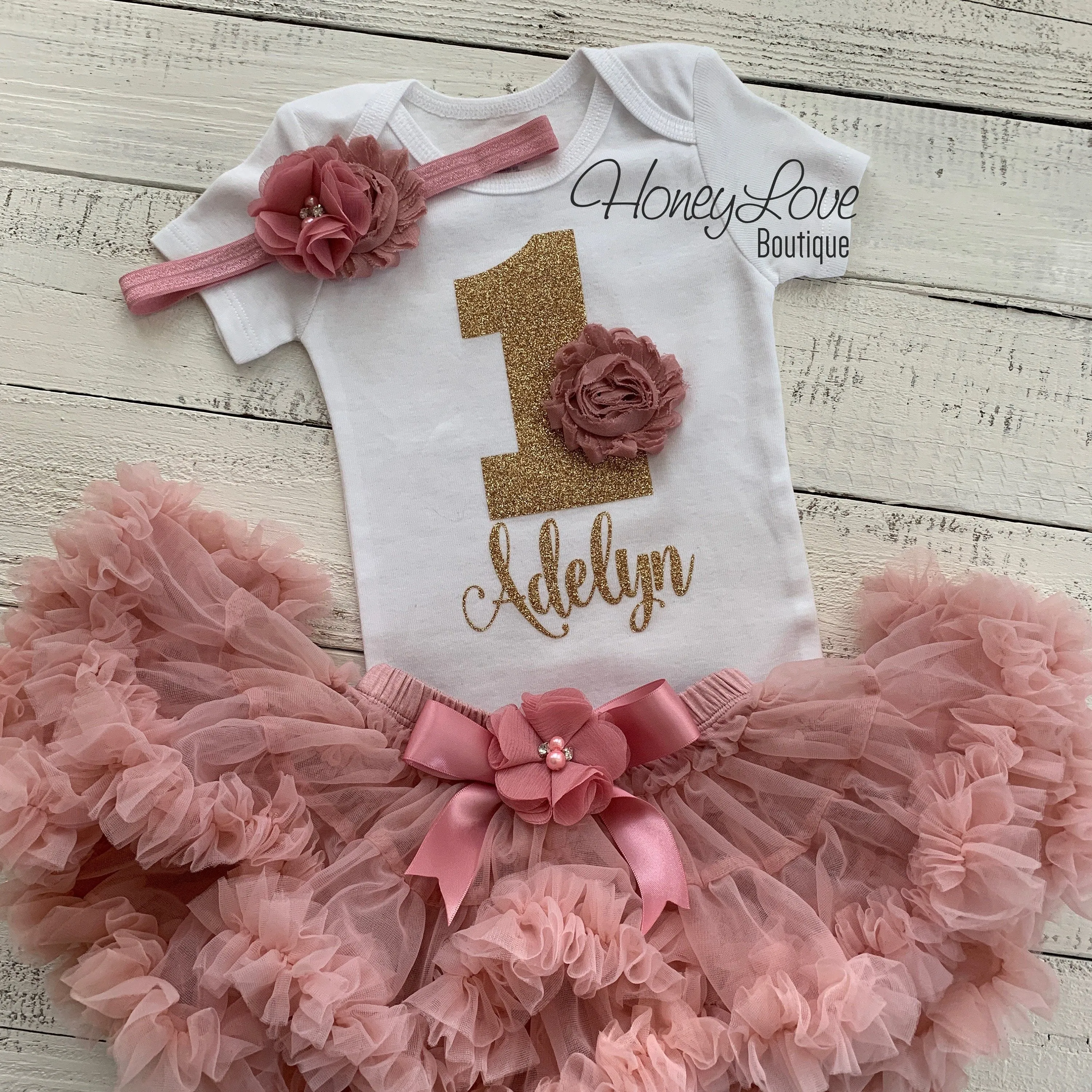 Personalized 1st Birthday Outfit - Vintage Pink and Gold glitter