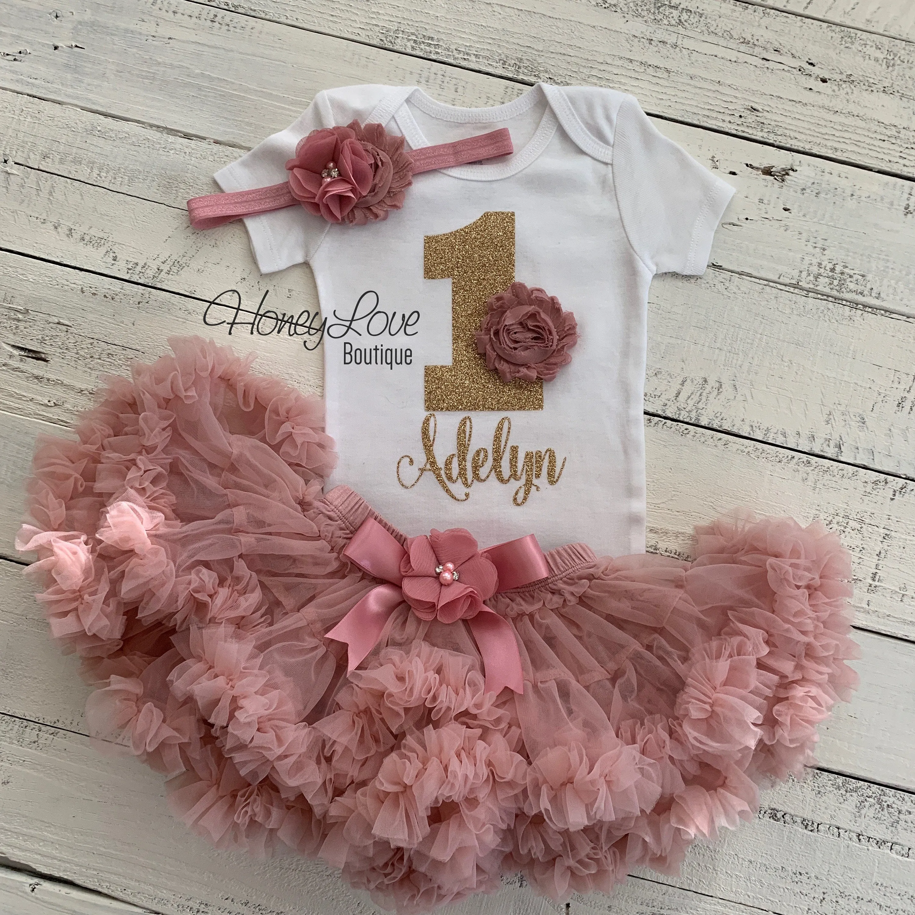 Personalized 1st Birthday Outfit - Vintage Pink and Gold glitter