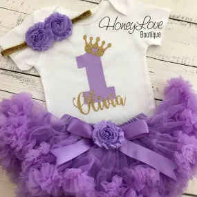 Personalized 1st Birthday Princess outfit - Gold glitter and Lavender Purple - embellished pettiskirt