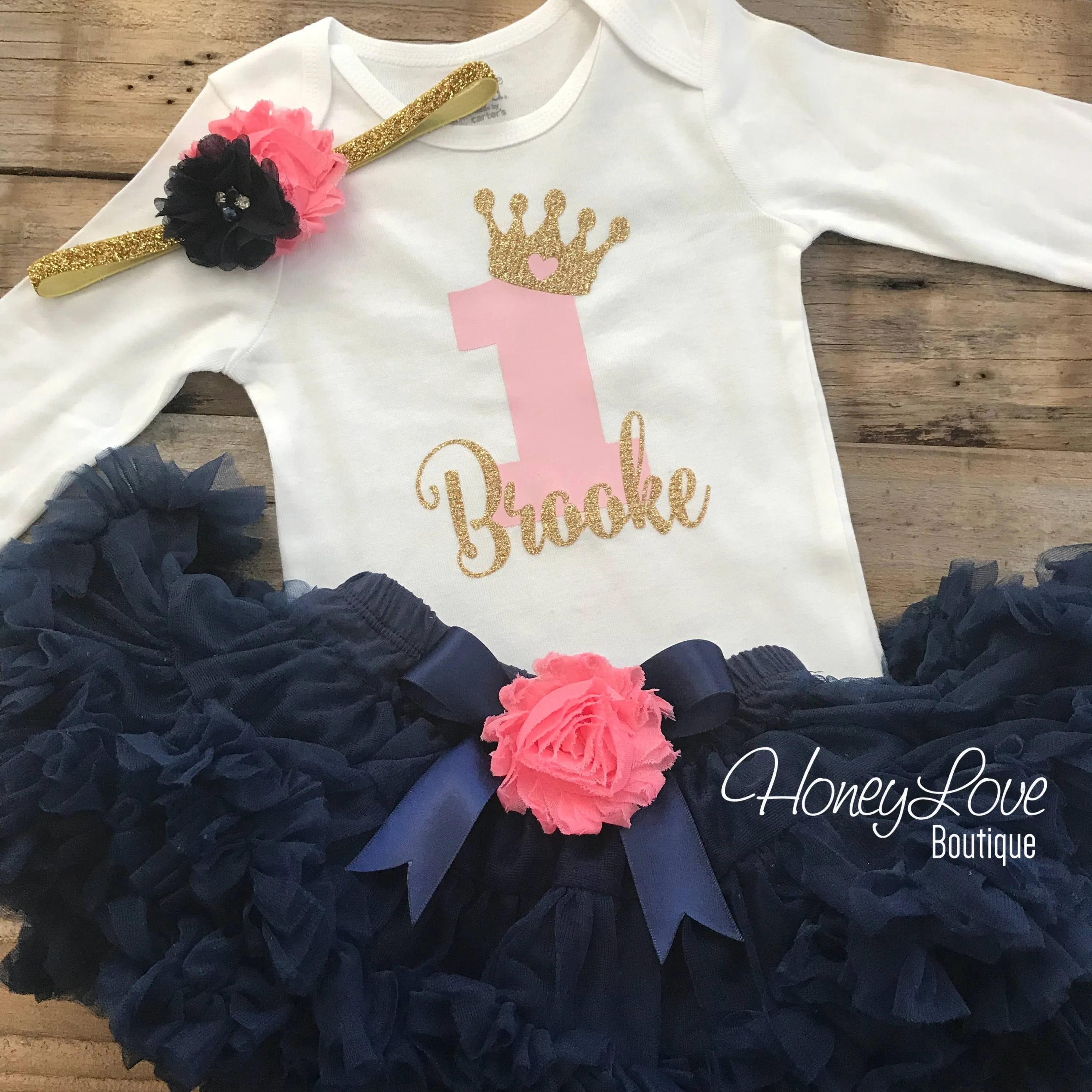 Personalized 1st Birthday Princess outfit - Gold Glitter and Navy Blue - embellished pettiskirt