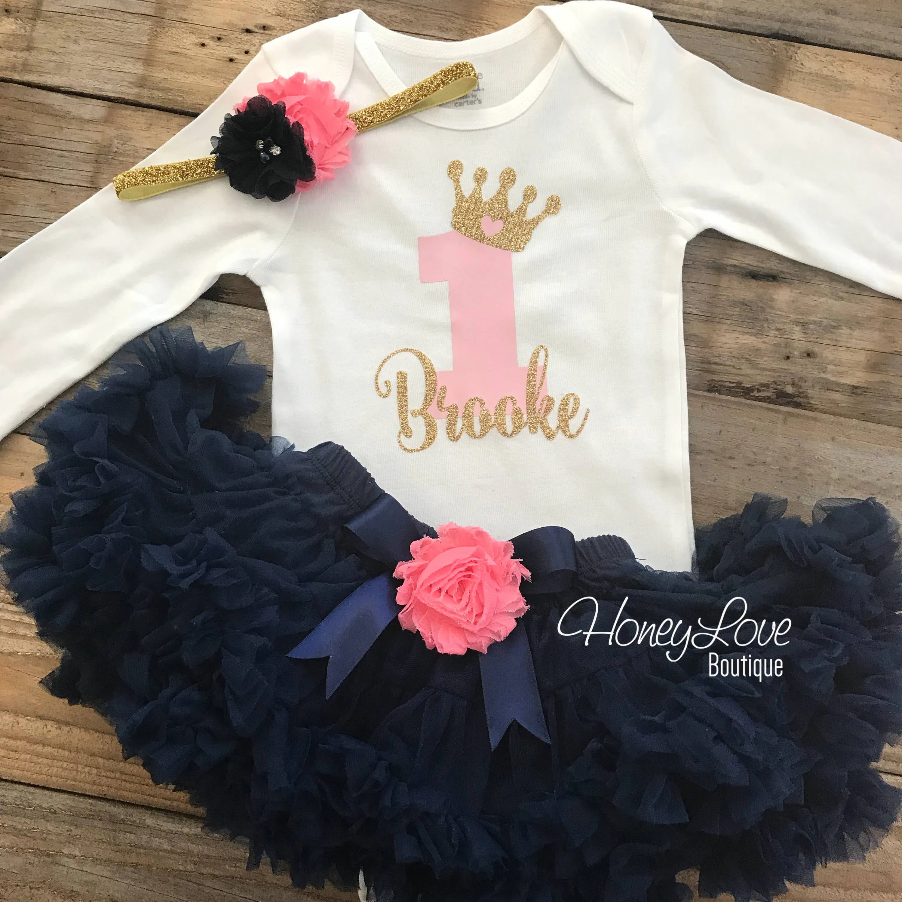 Personalized 1st Birthday Princess outfit - Gold Glitter and Navy Blue - embellished pettiskirt