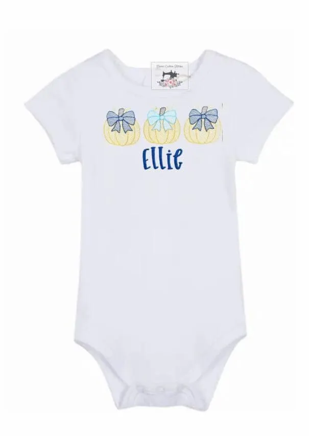 Personalized Baby Girl Fall Trio Pumpkins Blue Bows Onesie Bodysuit