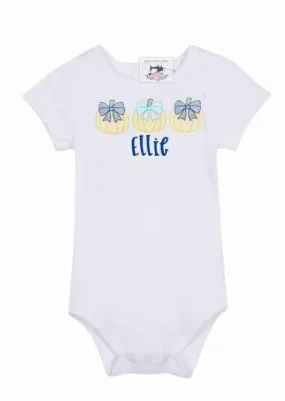 Personalized Baby Girl Fall Trio Pumpkins Blue Bows Onesie Bodysuit