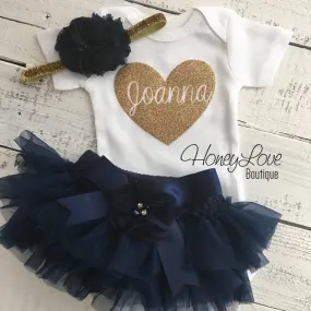 PERSONALIZED Name inside Heart - Gold glitter and Navy Blue - embellished tutu skirt bloomers