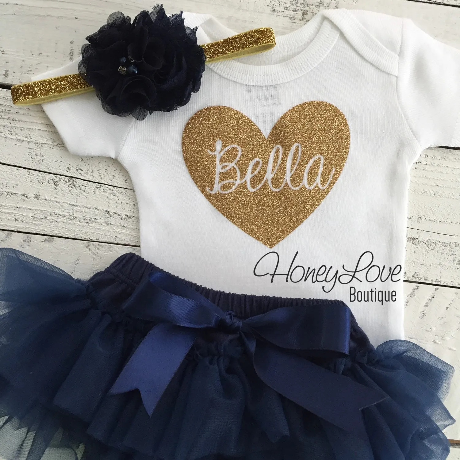 PERSONALIZED Name inside Heart - Gold glitter and Navy Blue