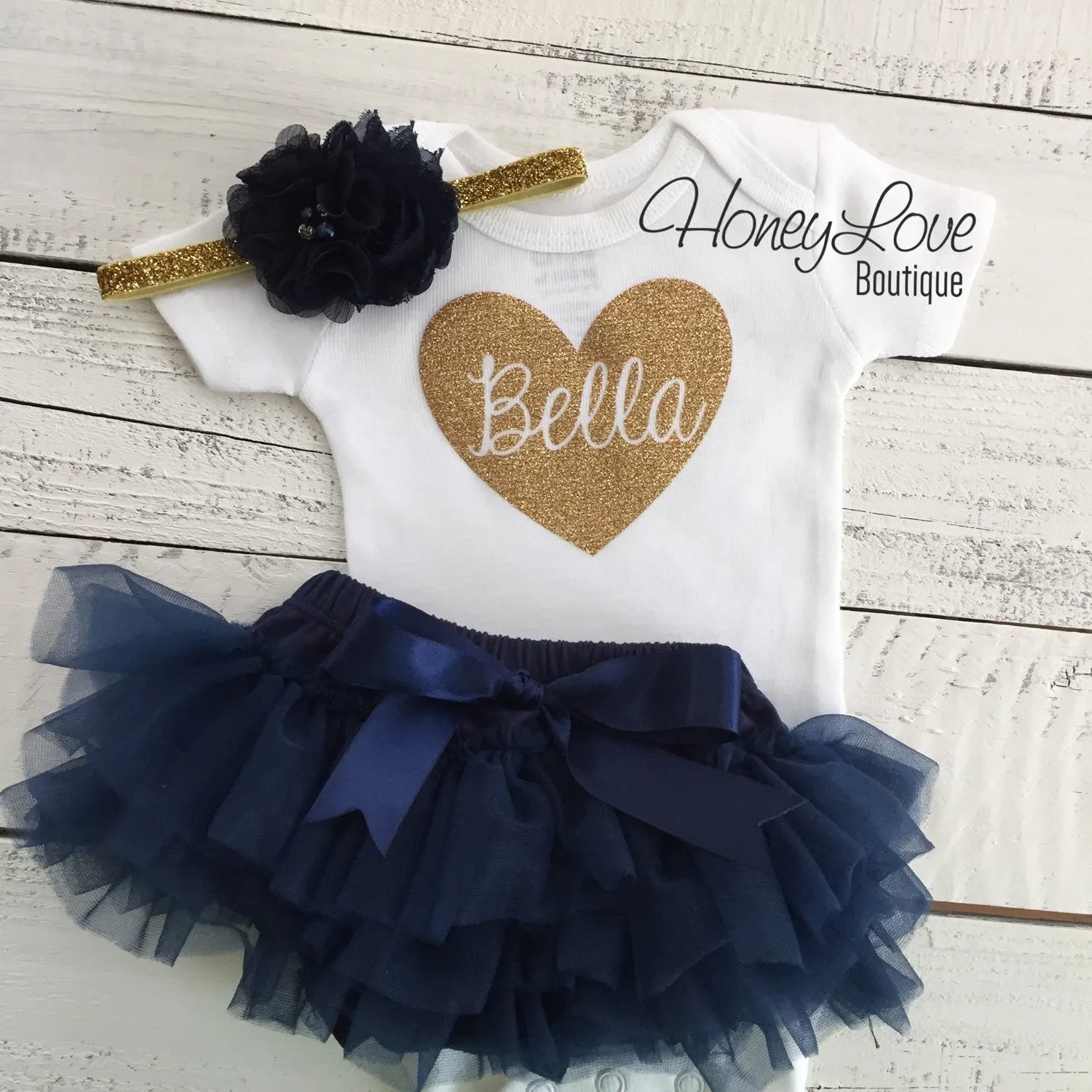 PERSONALIZED Name inside Heart - Gold glitter and Navy Blue