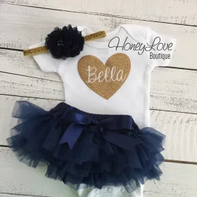 PERSONALIZED Name inside Heart - Gold glitter and Navy Blue