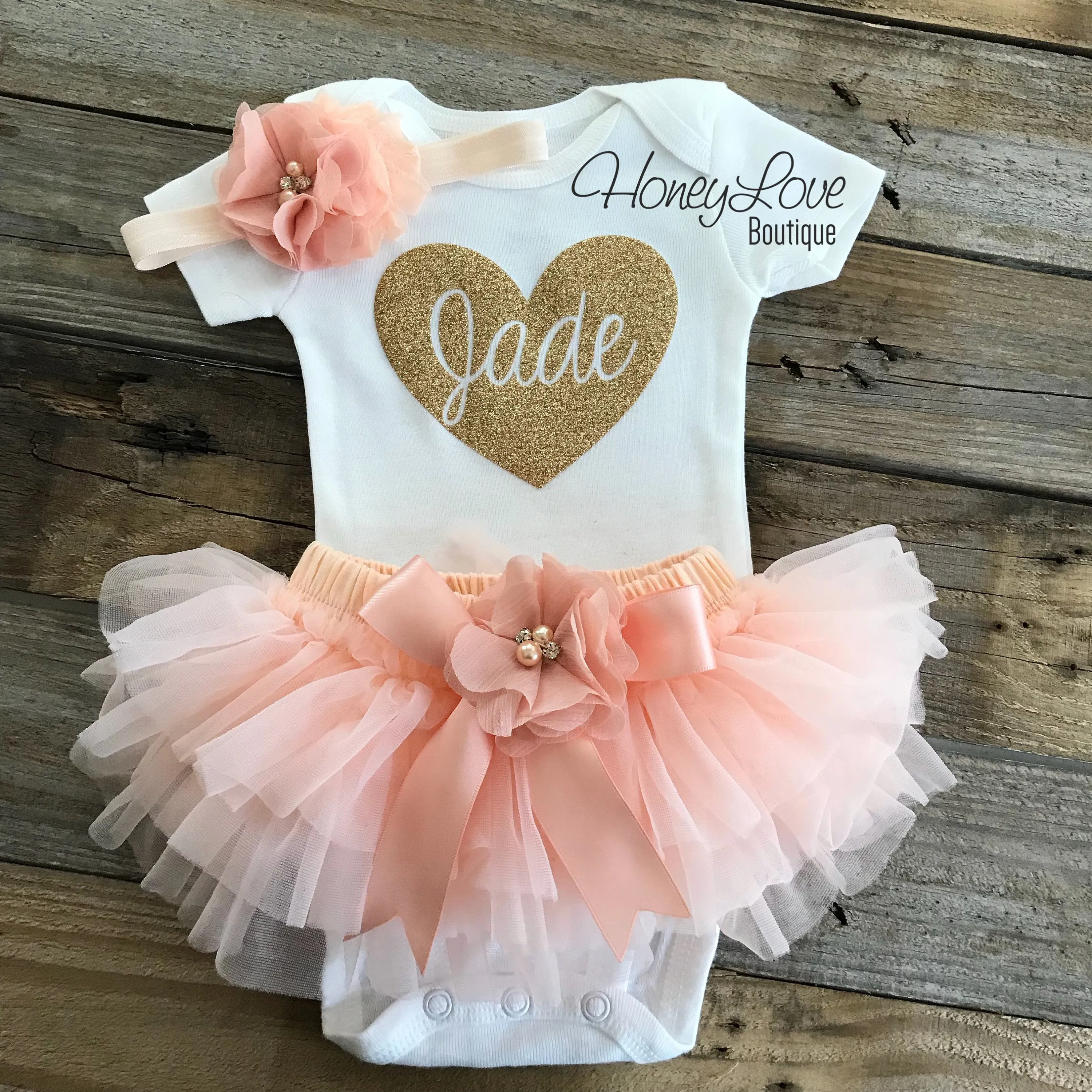 PERSONALIZED Name inside Heart - Gold glitter and Peach - embellished tutu skirt bloomer